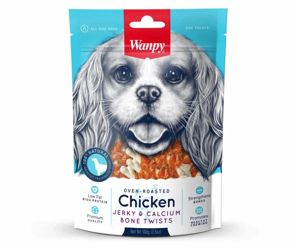 Wanpy Dog Treat Chicken Jerky & Calcium Bone Twists 100g