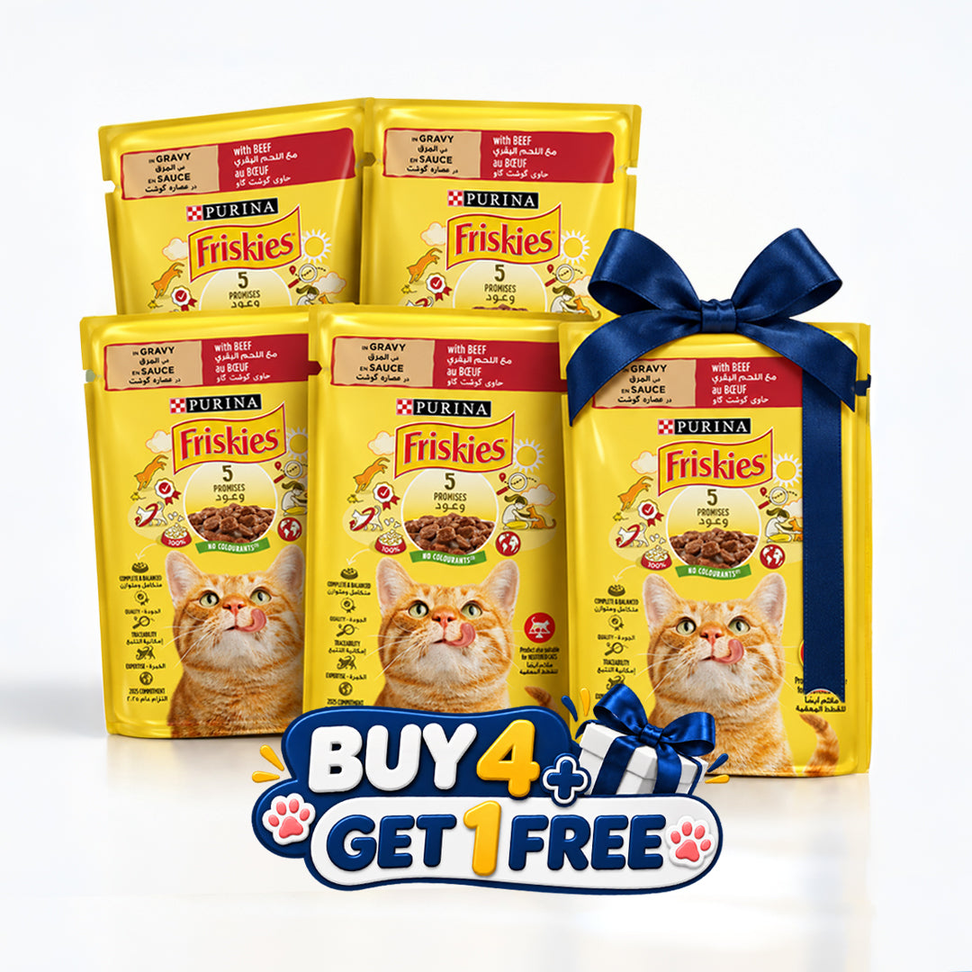 Buy 4 Get 1 | Purina Friskies Beef Chunks in Gravy Wet Cat Food Pouch 85g