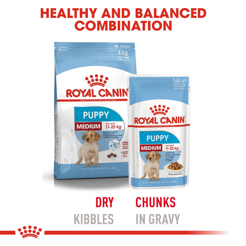 Royal Canin Medium Puppy in Gravy (140 gm\pouch) - wet food for medium dogs - adult weight from 11 to 25 KG. from 2 to 12 months - Amin Pet Shop