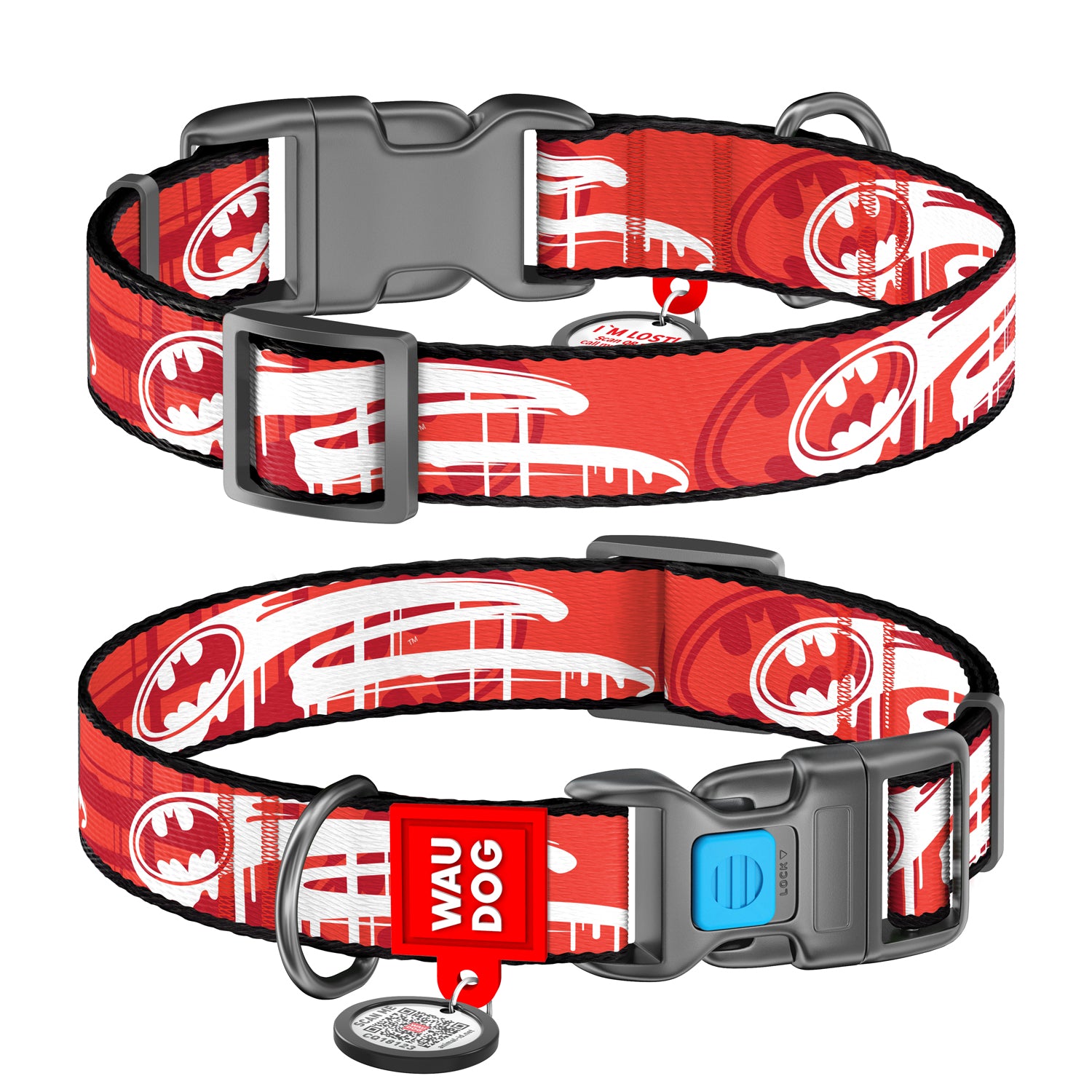 WAUDOG Nylon dog collar with QR-passport, "Batman " design, plastic fastex - 0020-2012