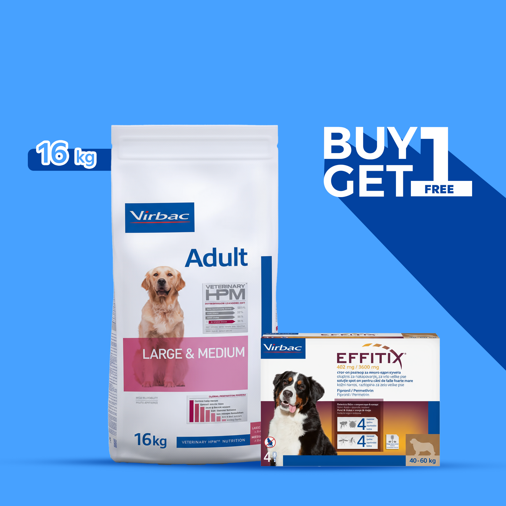 Virbac adult large &medium 16Kg + EFFITIX 40-60KG: Price for One Pipette - Ticks and fleas Solution
