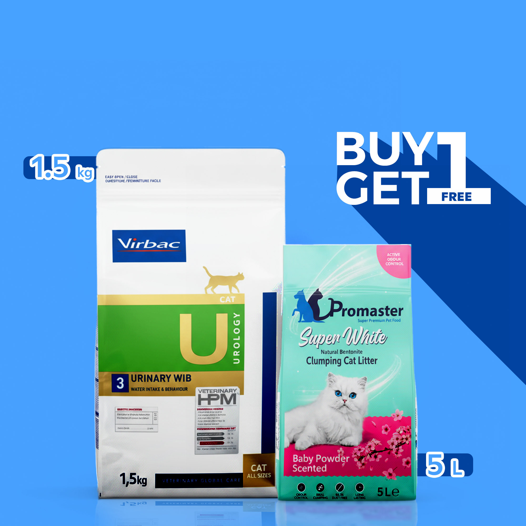 Virbac® Urinary Cat Dry Food Urology WIB 1.5kg + Promaster - Baby Powder Scented Clumping Cat Litter 5L