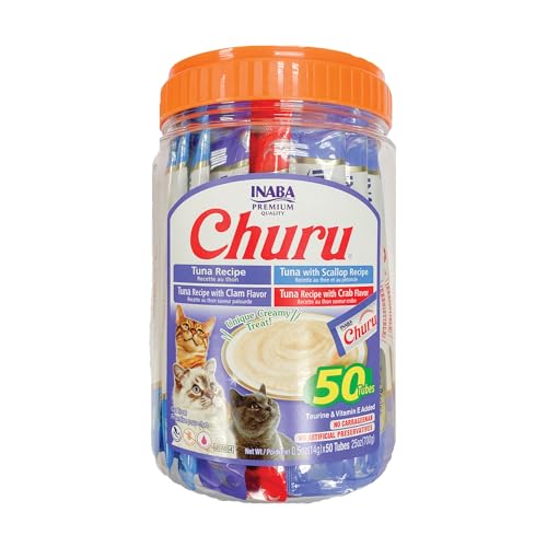 INABA Churu Cat Treats, Lickable, Squeezable Creamy Purée Cat Treat with Green Tea Extract & Taurine, 0.5 Ounces Each Tube, 50 Tubes, Tuna & Seafood Variety