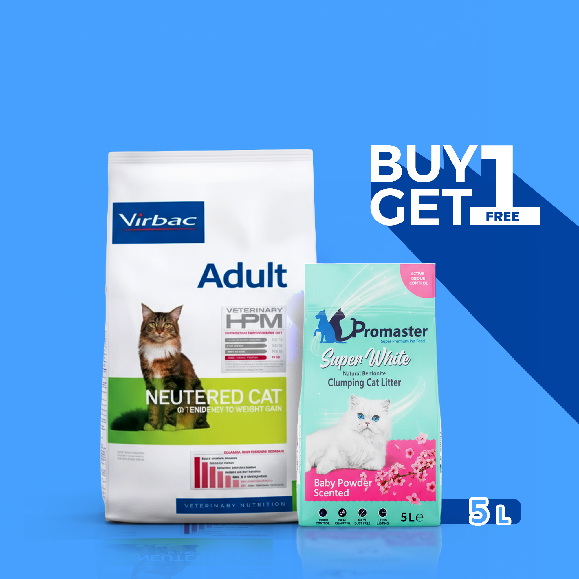 Virbac Cat Adult With Salmon Neutered & Entire Cat 1.5kg + Promaster - Baby Powder Scented Clumping Cat Litter 5L