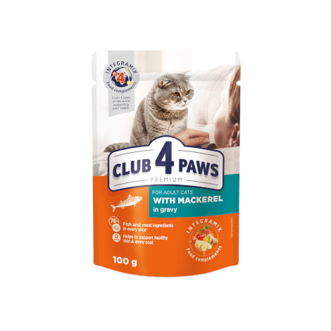 CLUB 4 PAWS PREMIUMfor adult catsWITH MACKEREL IN GRAVY 100g