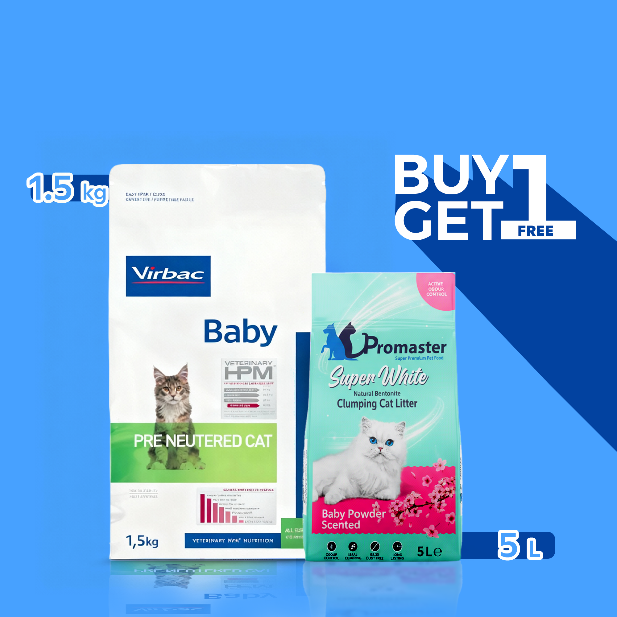 Virbac Cat Baby Pre Neutered Cat 1.5kg + Promaster - Baby Powder Scented Clumping Cat Litter 5L