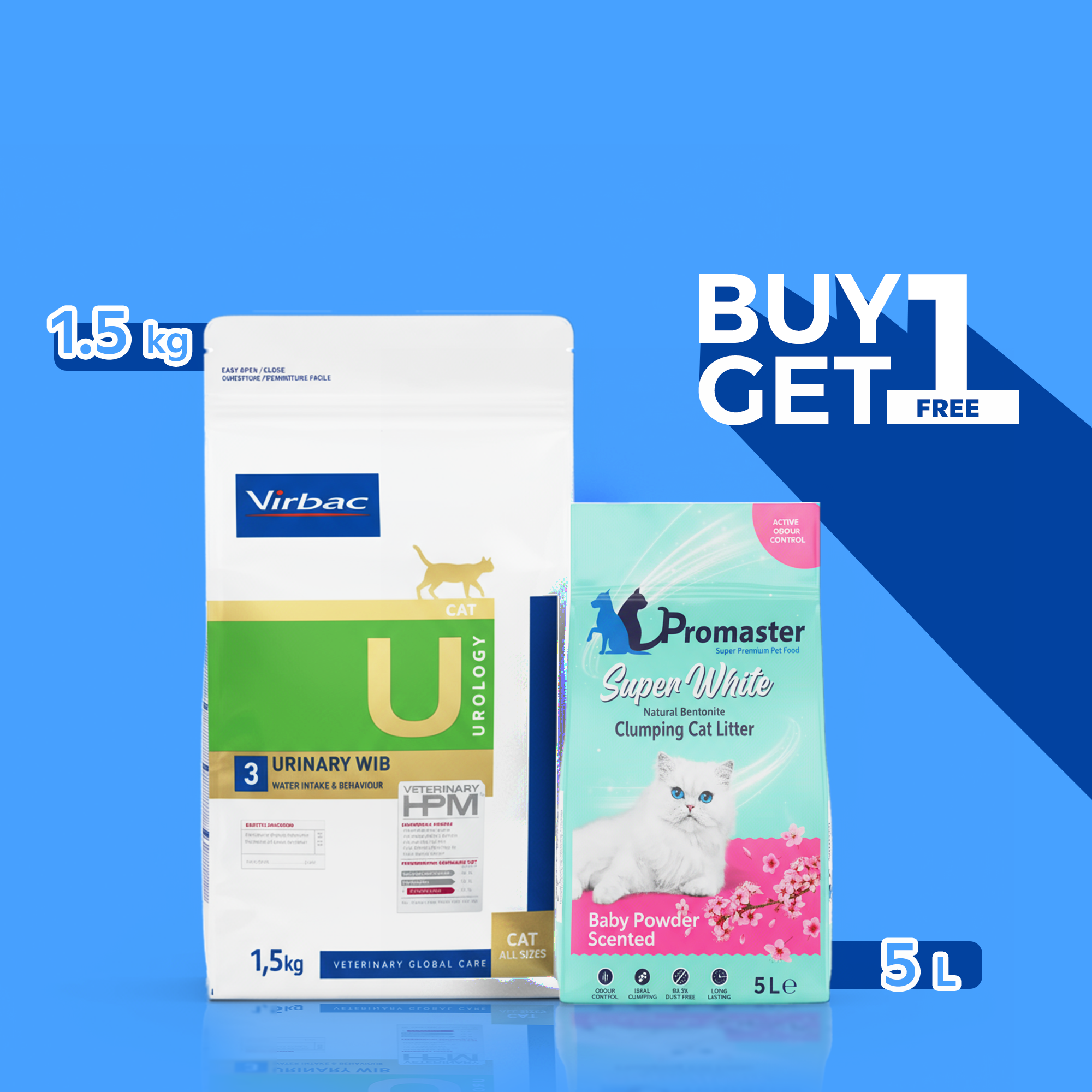 Virbac® Urinary Cat Dry Food Urology Dissolution & Prevention 1.5k + Promaster - Baby Powder Scented Clumping Cat Litter 5L