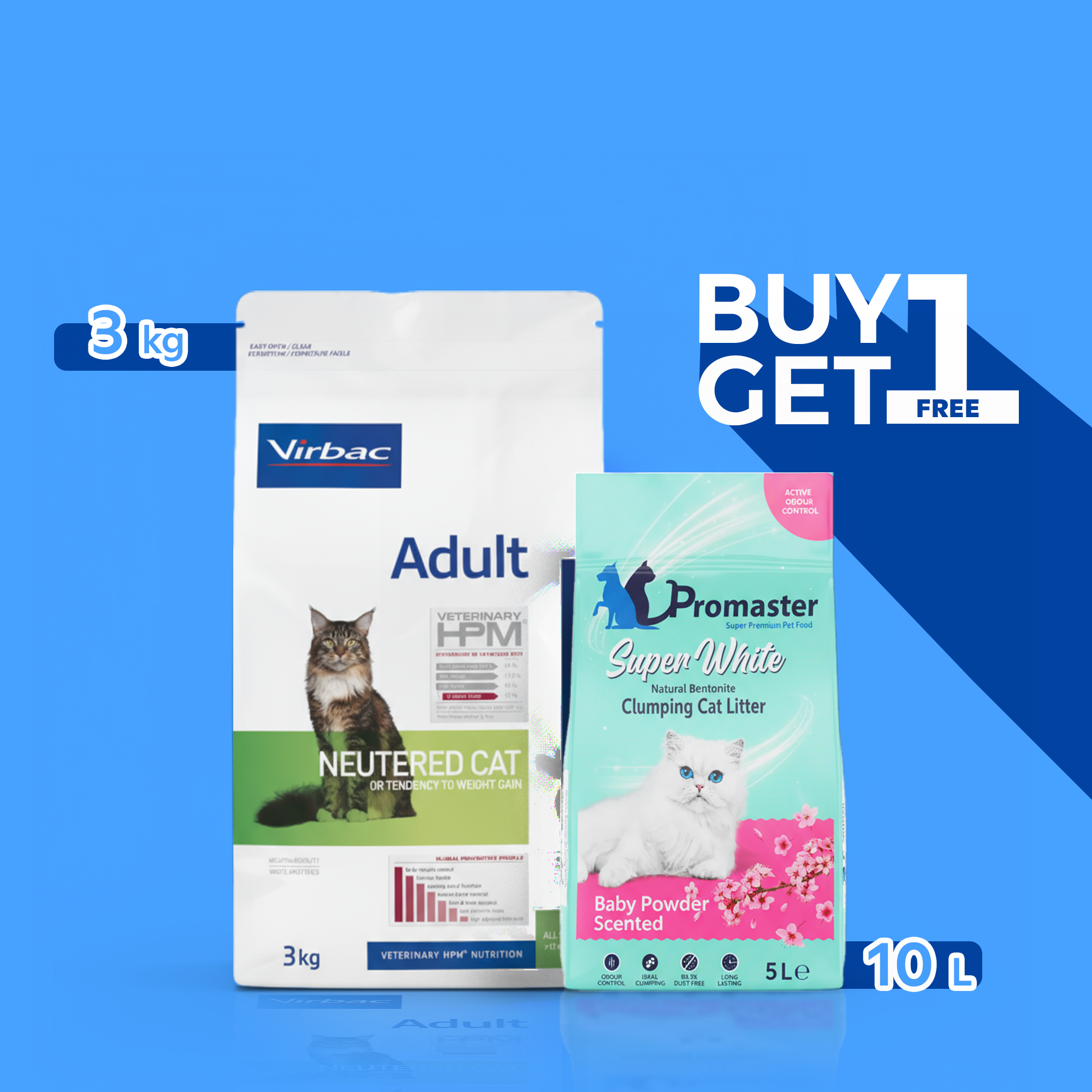 Virbac Cat with Salmon Neutered & NENTIRE Cat 3kg + Promaster - Baby Powder Scented Clumping Cat Litter 10L