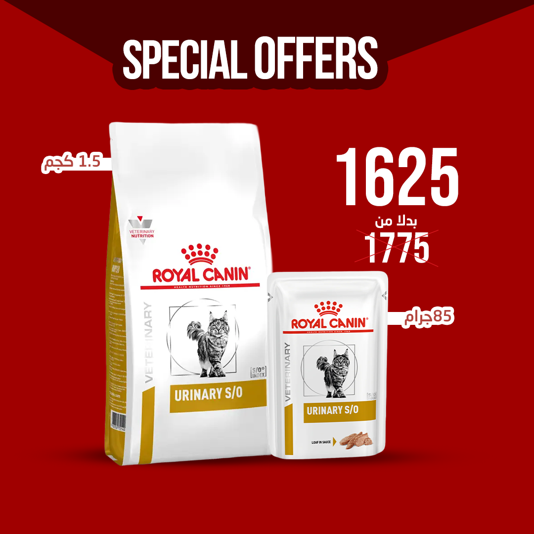 Royal Canin Feline Urinary S/O (1.5kg) Dry food for Lower Urinary tract disease + Royal Canin Feline Urinary S/O in Loaf (85g\Pouch) - Wet food for Lower Urinary tract disease 12 pouches per box