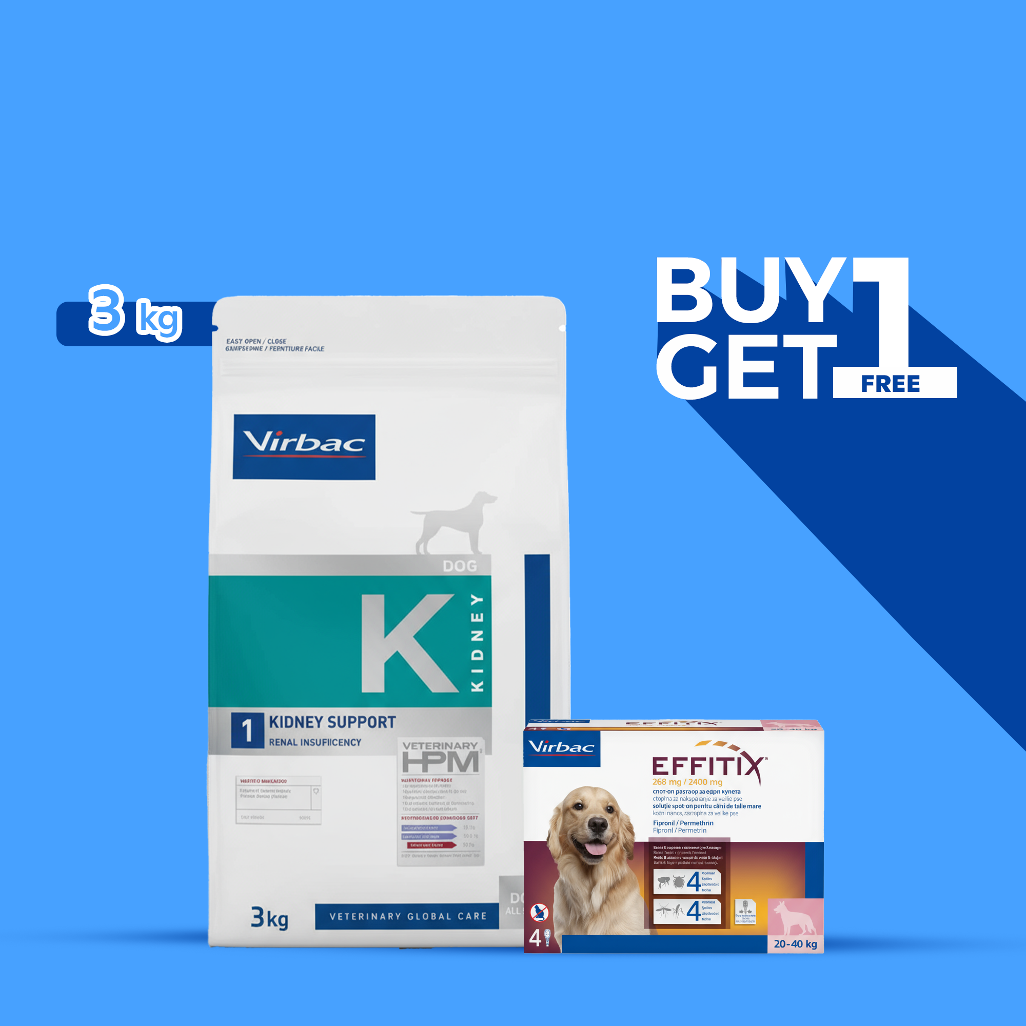 Virbac® Renal Dog Dry Food Kidney Support 3kg + EFFITIX 20-40KG Price for one Pipette