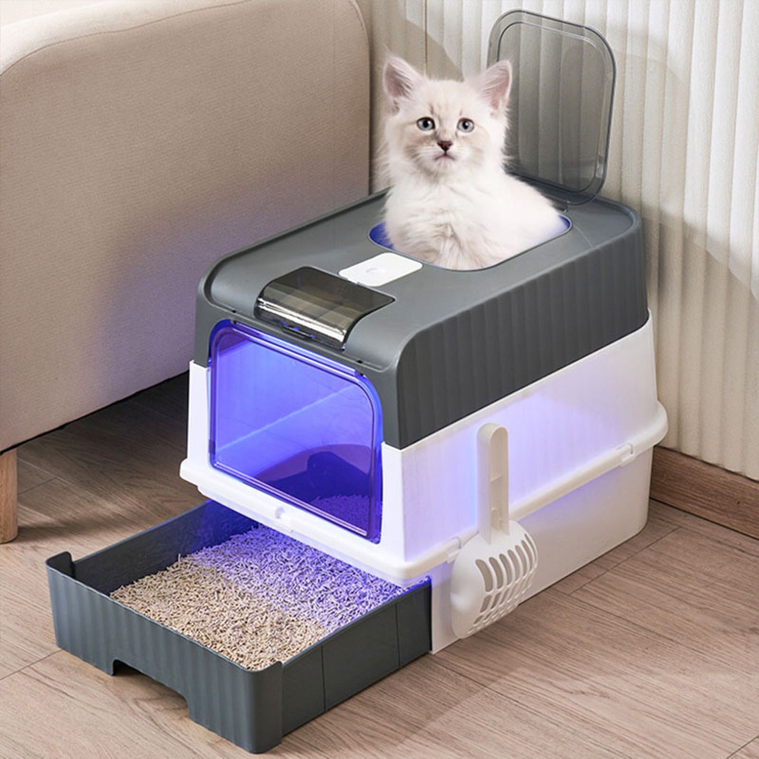 Double Door Cat Litter Box with UV light & Scoop تعقيم بالاشاعة فوق البنفسجية Size: 50*35*37CM