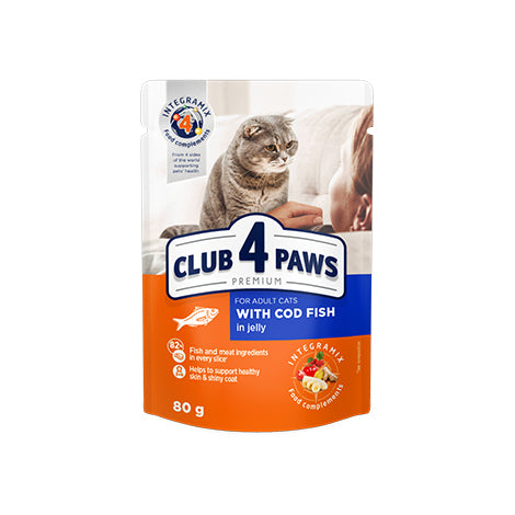 CLUB 4 PAWS PREMIUM
for adult cats with cod fish in jelly 80g