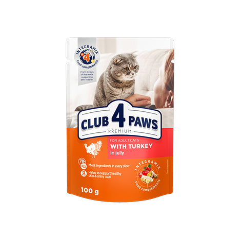 CLUB 4 PAWS PREMIUM
for adult cats with turkey in jelly 100g