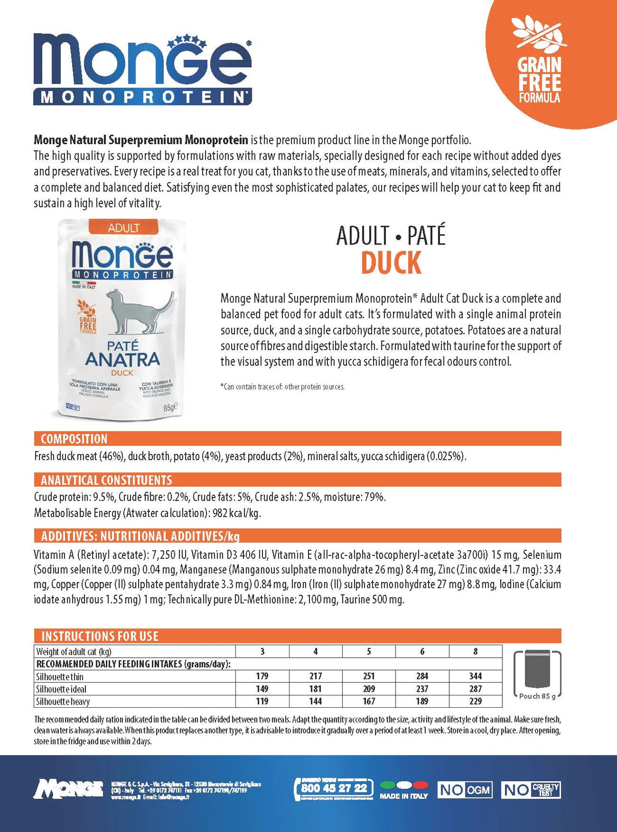 MONGE Monoprotein Paté Duck Cat Wet Food Pouch 85g