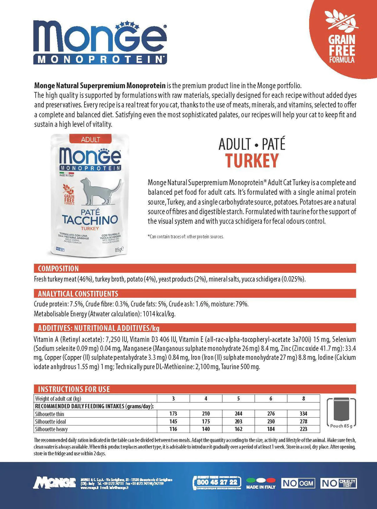 MONGE Monoprotein Paté Turkey Cat Wet Food Pouch 85g