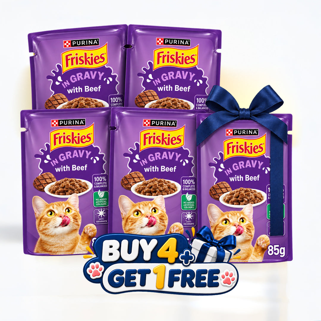 Buy 4 Get 1 | Purina Friskies Beef Chunks in Gravy Wet Cat Food Pouch 85g
