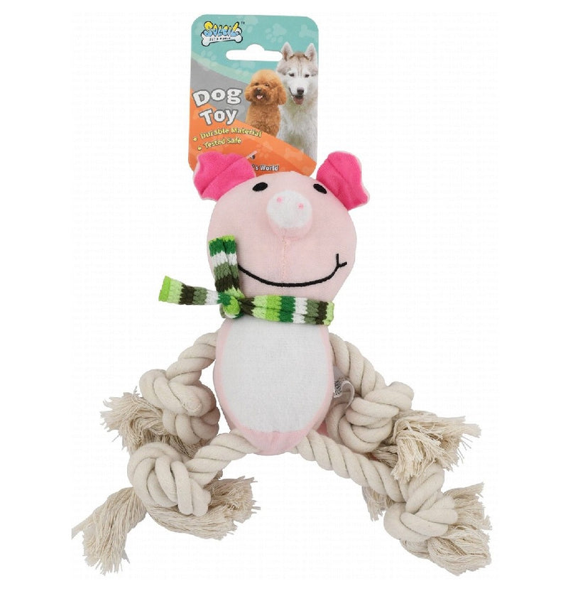 Soleil Pink Pig Plush Dog Toy with Rope -