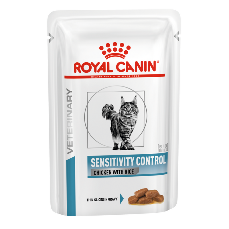Royal Canin Feline Sensitivity Control – chicken & rice (100 gm\ Pouch)- Wet food for adverse Food Reactions with dermatologic and/or gastro-intestinal signs – 12 pouches per box.